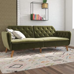 Taluka Memory Foam Velvet Sofa Bed With Wooden Legs In Green